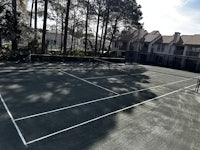 a tennis court in the middle of a wooded area