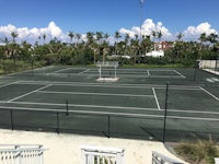 a tennis court with palm trees in the background